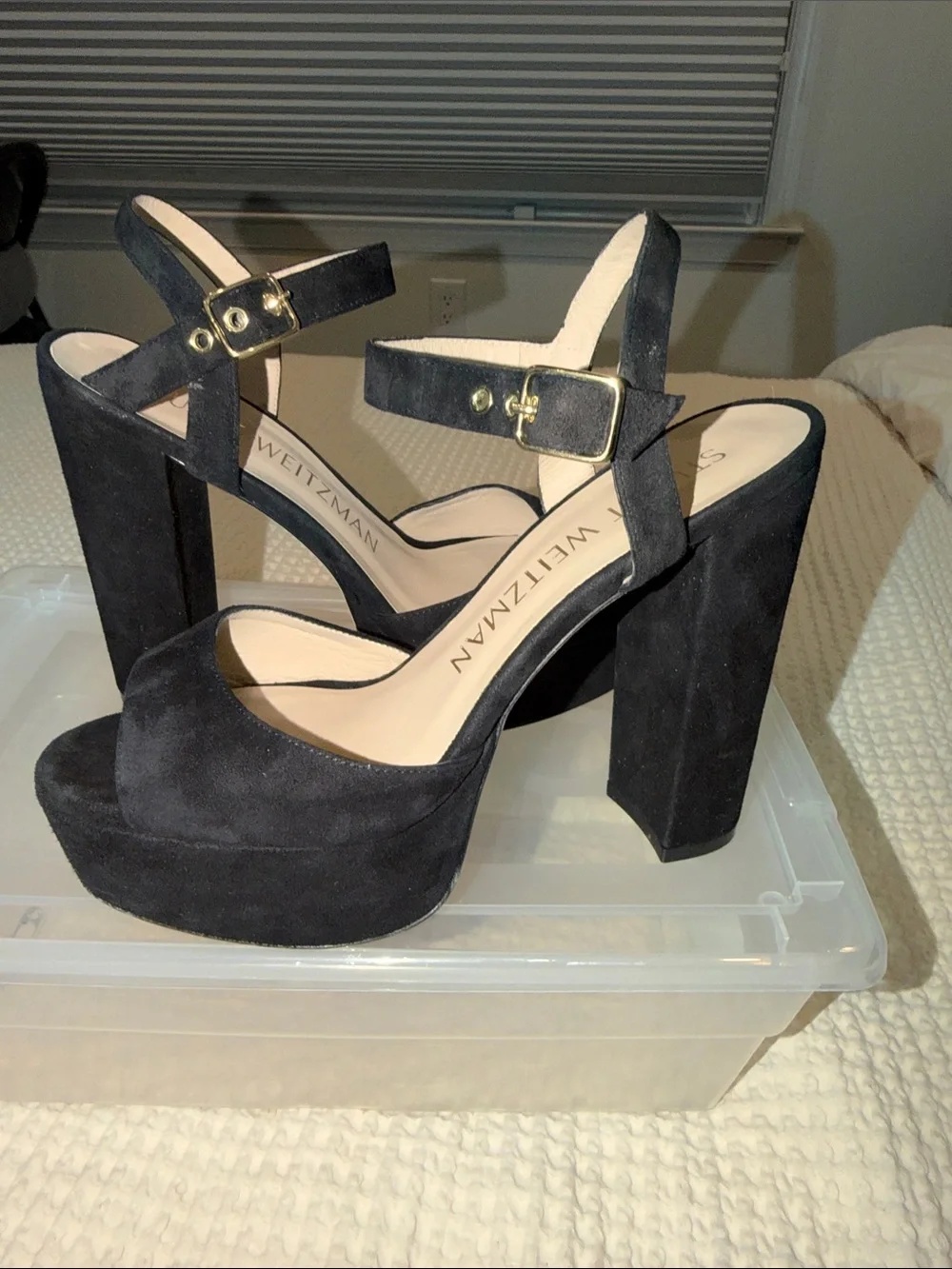 Stuart Weitzman Black Suede Platform Block Heel Sandals with Gold Buckles